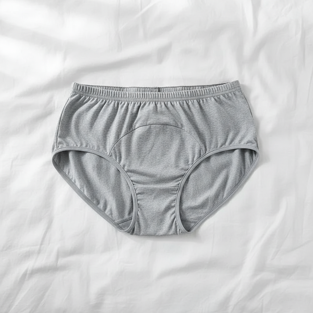 Heather Grey High Absorption Briefs flat lay on white bedding