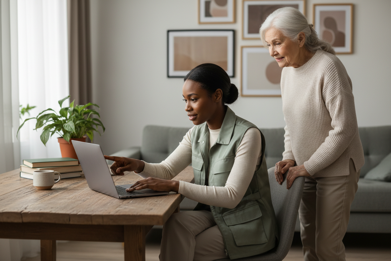Black woman tech specialist troubleshooting a device at a client's home