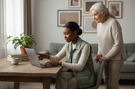 Black woman tech specialist troubleshooting a device at a client's home