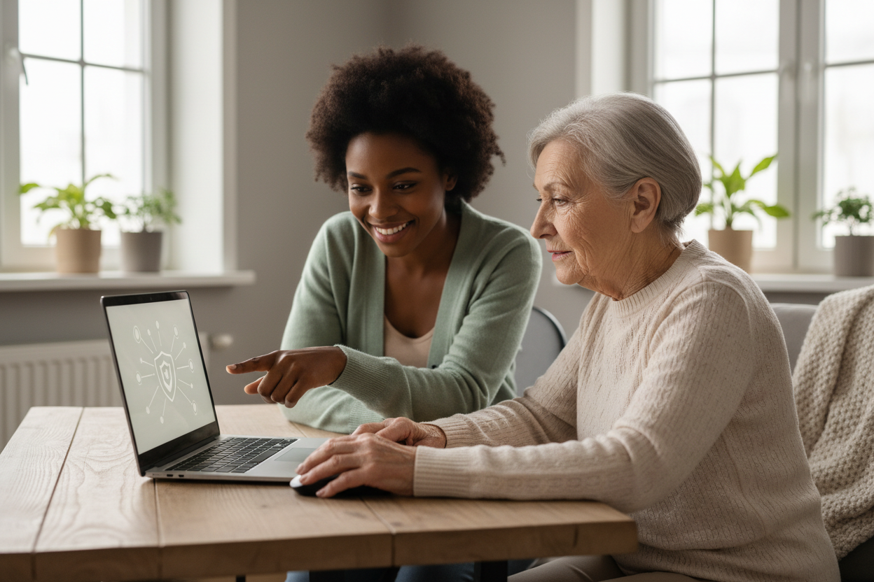 Black woman tech specialist teaching an elderly client about digital literacy and online safety