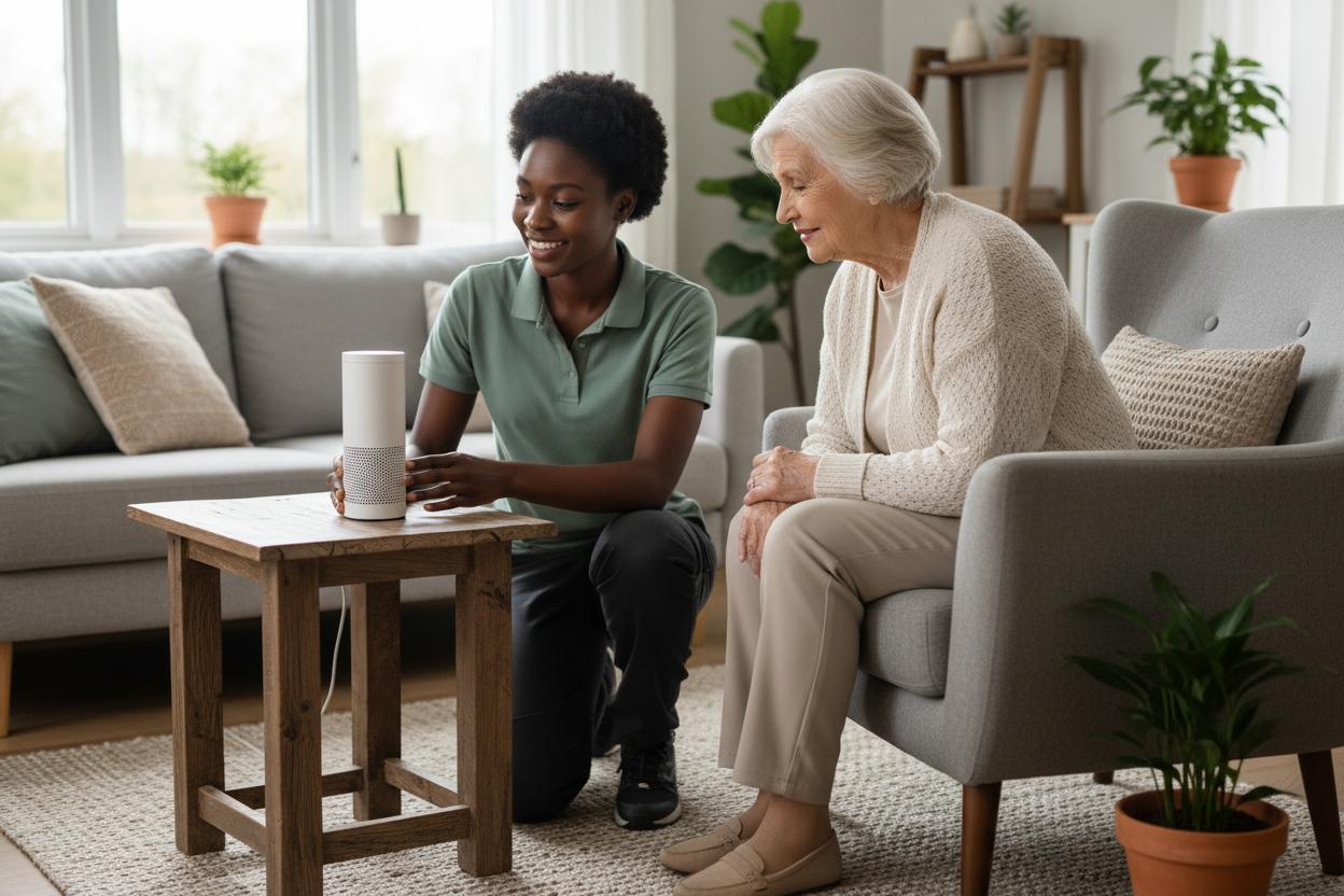 Black woman tech specialist installing a smart home device for an elderly client