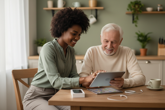 Black woman tech specialist helping an elderly client set up a new device at home