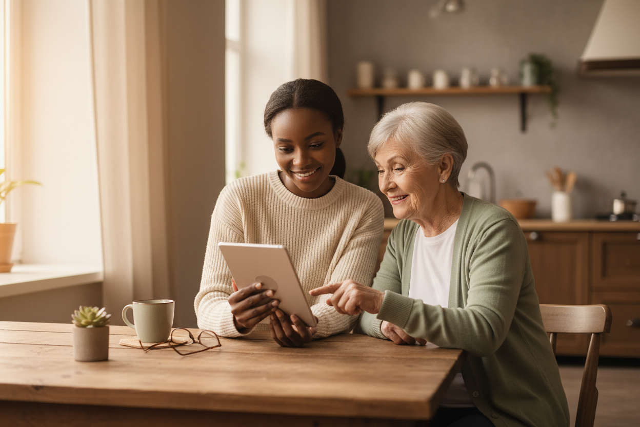 Black woman tech specialist patiently tutoring an elderly client on how to use their device at home