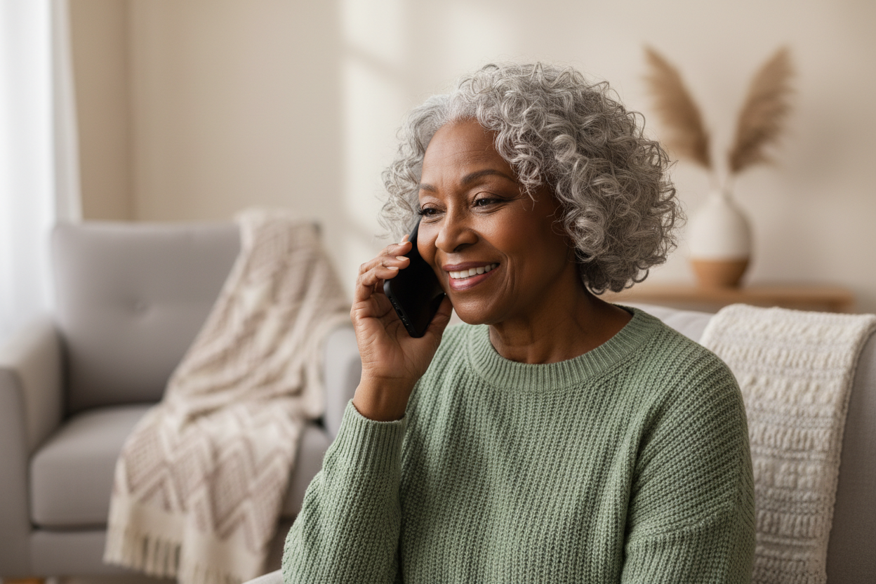 Elderly woman smiling while talking on a smartphone for a tech consultation call