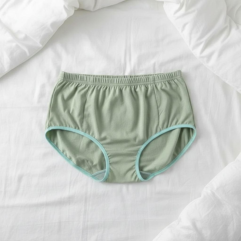 Sage Green High Absorption Briefs flat lay on white bedding