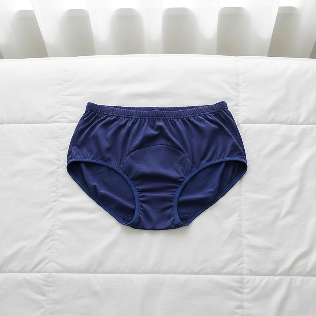 Royal Blue High Absorption Briefs flat lay on white bedding