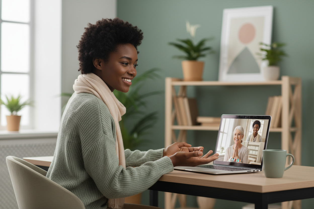 Black woman tech specialist providing remote tech support via video call