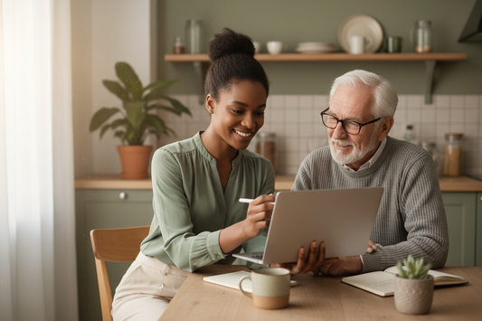 Black woman tech specialist doing a monthly tech check-in with an elderly client at home